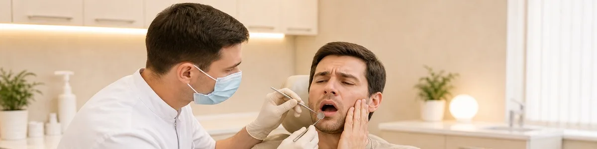 Пациент с острой зубной болью и отёком щеки на приёме у стоматолога