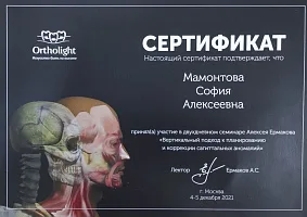 Сертификаты и дипломы Мамонтова Софья Алексеевна 