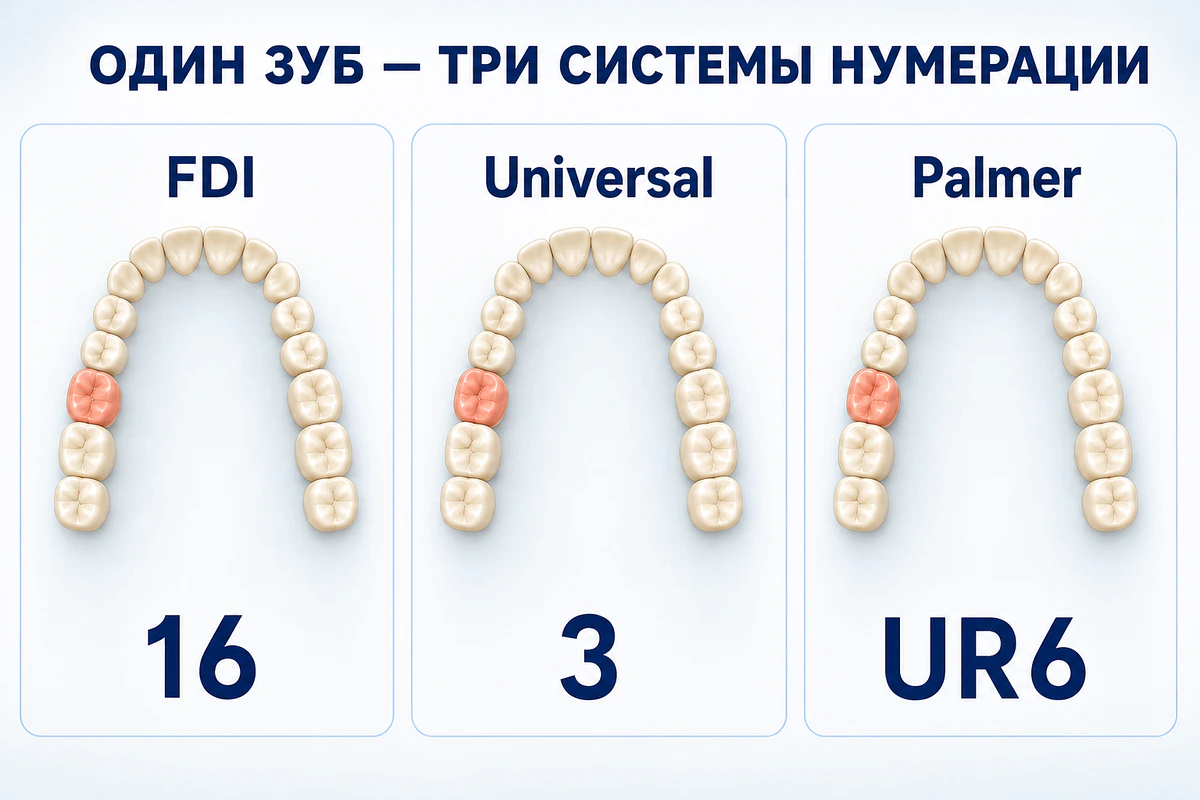 Сравнение обозначения верхнего правого первого моляра в FDI, Universal и Palmer