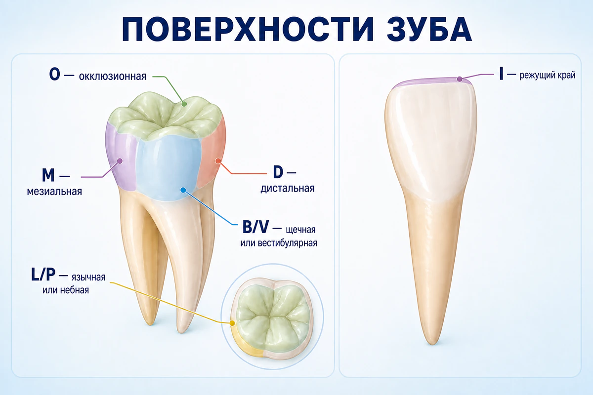 Основные поверхности моляра и центрального резца
