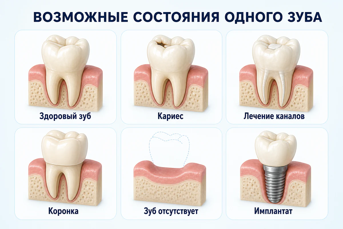 Шесть независимых возможных состояний одного первого моляра