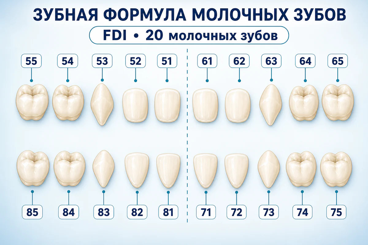 Нумерация двадцати молочных зубов по системе FDI