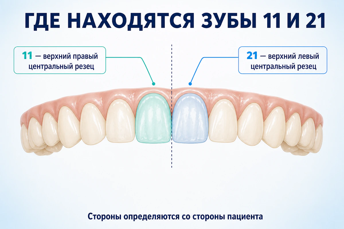 Расположение верхних центральных резцов 11 и 21 по системе FDI