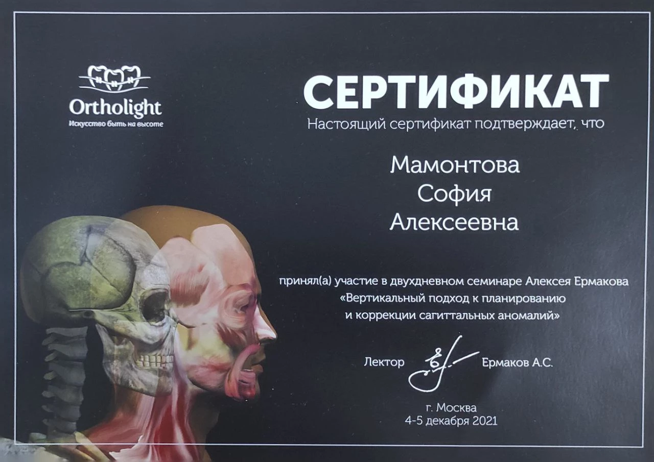 Сертификаты и дипломы Мамонтова Софья Алексеевна 